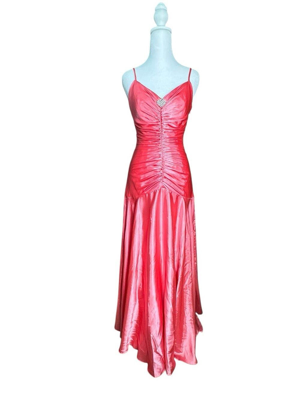 Jessica McClintock Gunne Sax Y2K Pink Satin Ruched Prom Dress Vtg Formal Sz 5